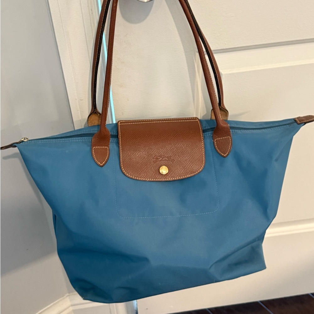 Longchamp Blue and Brown Le Pliage Tote Bag with Foldable Design